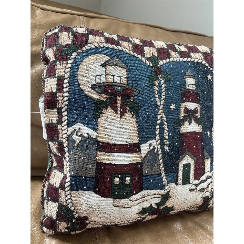 Mohawk Throw Pillows Lot Of 2‎ Vintage Tapestry Holiday Winter Lighthouses 16x16